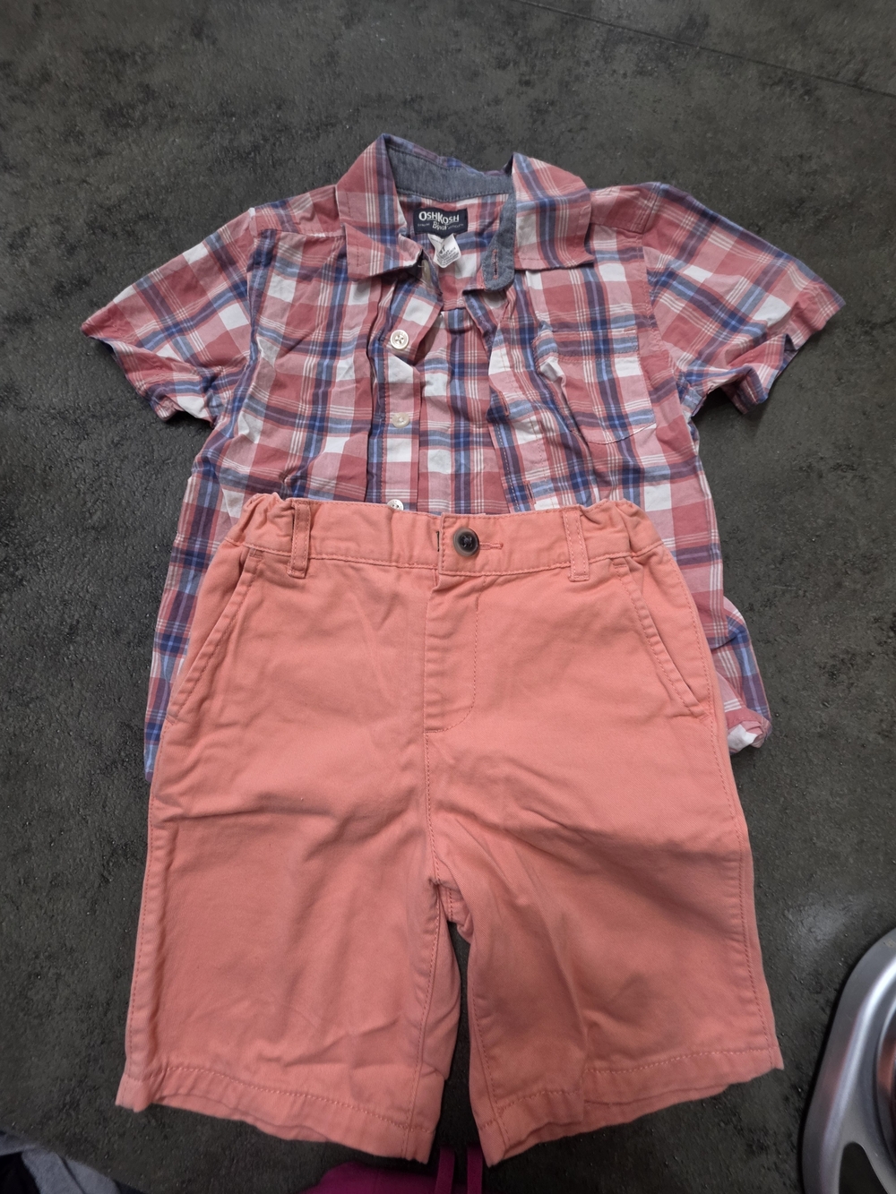 The Children's Place Pink Plaid Button-Down Shirt with Coral Shorts